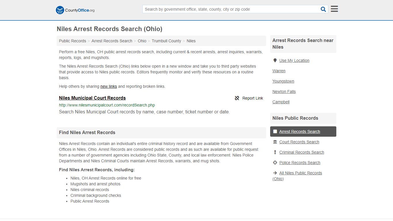 Arrest Records Search - Niles, OH (Arrests & Mugshots) - County Office
